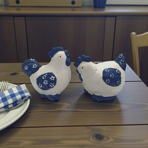 1940's Ceramic Bisque Blue & White Farmhouse Hen Chicken Salt & Pepper Shakers
